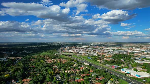 light traffic on the M1 Highway in Johannesburg South Africa on sunny summer day, aerial