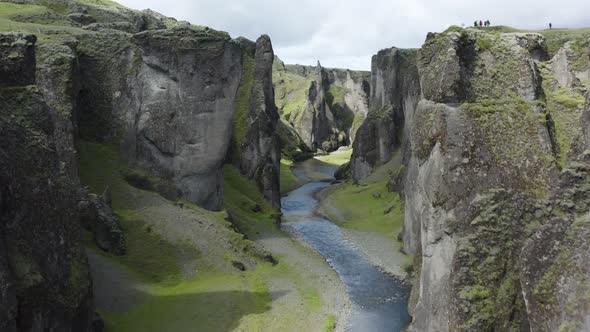 Aerial shot in the fjardagljufur canyon in Iceland.