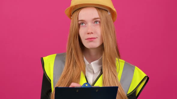 Close Up of a Woman in Reflective Vest Yellow Hardhat and Jacket Write on Paper