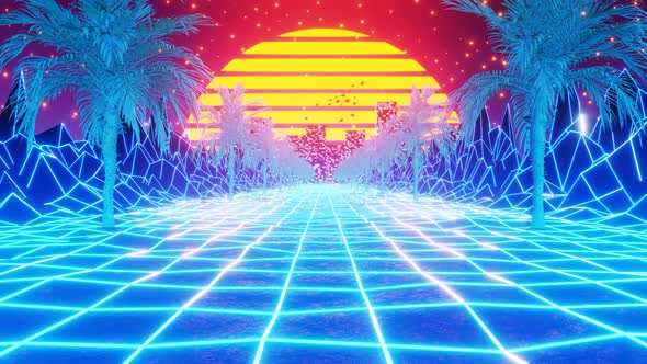 Retro 80s Style Synthwave Sunrise with Palm Trees in Perfect Loop alt