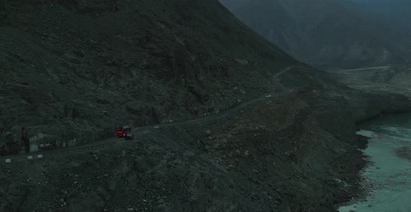 Car driving on the dangerous mountain road to Fairy Meadows, Himalaya