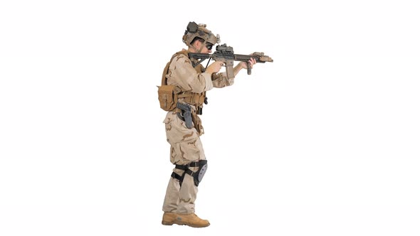 Soldier of Special Force Walking and Shooting on White Background