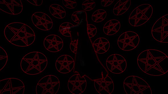 Halloween Visual of Death pointing on a background with demonic symbols