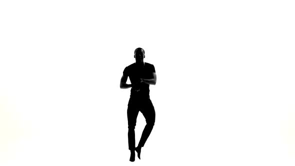 Happy Afro American Man Dancer Dancing Barefoot Latina Dance on White, Silhouette