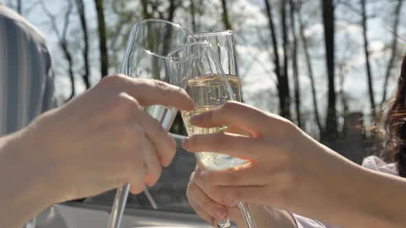 Young Women Hands Hold Glasses with Champagne and Clink