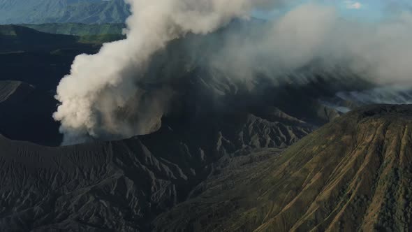 Aerial Shot of Mountain Bromo Active Volcano Crater in East Java Indonesia