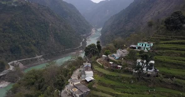 AERIAL: Ganga river in Rishikesh India