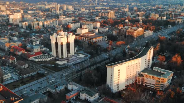 Aerial drone view of Chisinau at sunset