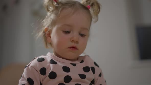 Closeup Portrait of Beautiful Little Girl with Ponytails Looking Down