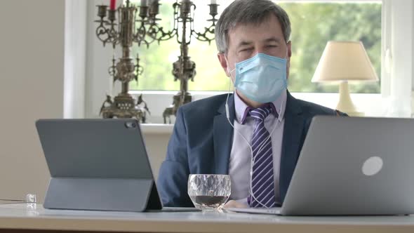 Portrait of Serious Caucasian Man in Suit and Face Mask Agree and Disagree at Camera