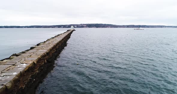 Aerial view of the Rockland Breakwater Lighthouse