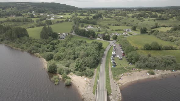 Top View Of Green Landscape And The Blessington Bridge At Poulaphouca Reservoir In Ireland. .aerial