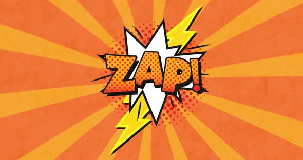 Animation of  ZAP written in orange with a yellow lightning on a orange striped background