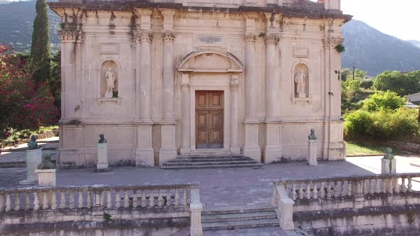 Stone Facade of the Church of the Our Lady Birth with Statues and Stairs