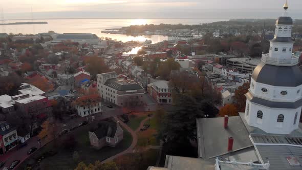 A drone captures footage of the historic Maryland Statehouse while flying toward Chesepeake bay at s