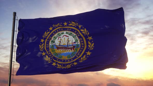 Flag of New Hampshire Waving in the Wind Against Deep Beautiful Sky at Sunset