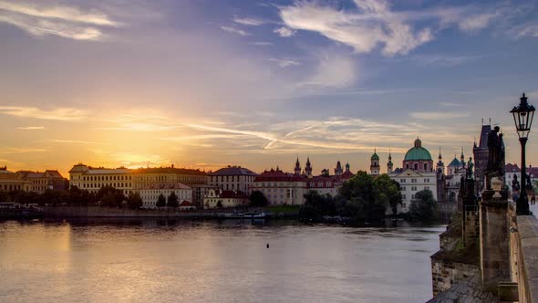 View From Charles Bridge in Prague During the Sunrise Timelapse Bohemia Czech Republic