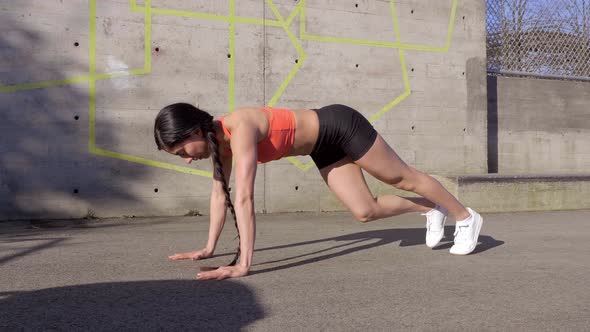 Woman doing high plank with knee to elbow raise exercise routine