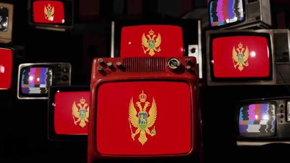 Flag of Montenegro on Retro TVs. 4K.