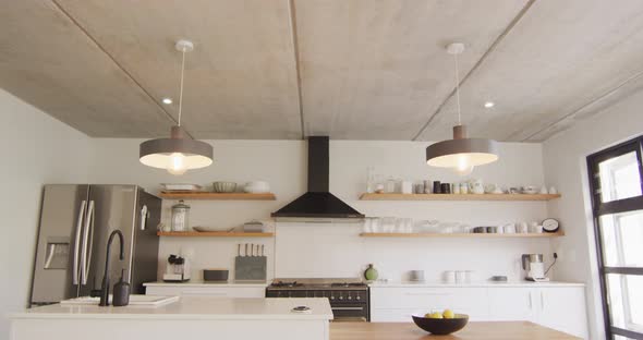 General view of luxury kitchen with fridge and countertop