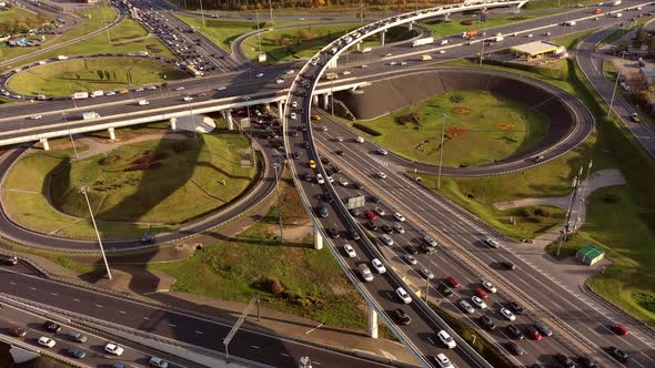 Aerial View of a Freeway Intersection Traffic Trails in Moscow