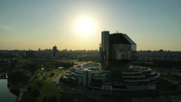 Top View of the National Library and a New Neighborhood with a Park in Minsk at sunset.Belarus