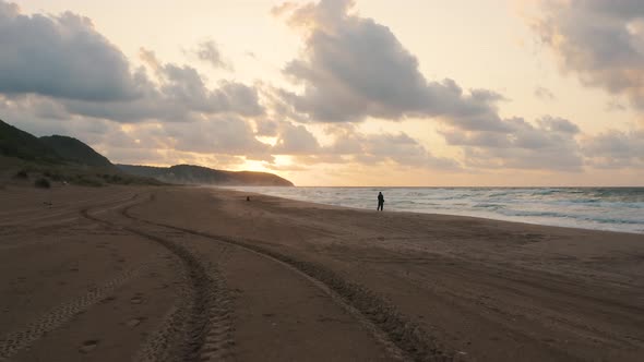 A Lonely Man Walks On The Beach Aerial