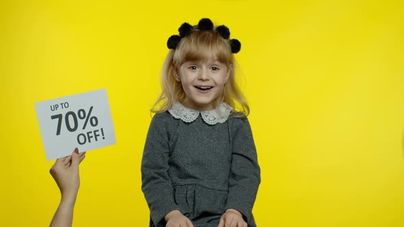 Inscription Up To 70 Percent Off Appears Next To Smiling Child Girl. Preschooler Kid Celebrating