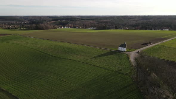Aerial View of Small Rural Chapel Located in Bousval Belgiium