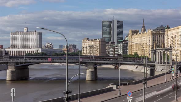 Moscow Traffic Near Borodinskiy Bridge and Russian Federation Government House