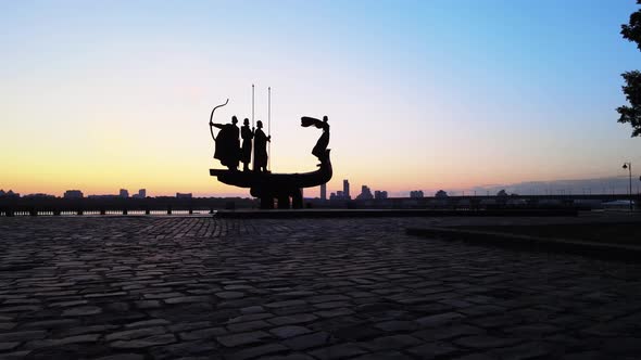 Kyiv, Ukraine - a Monument To the Founders of the City in the Morning at Dawn. Aerial