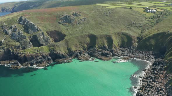 Aerial view of Zennor Cove, Cornwall, United Kingdom.