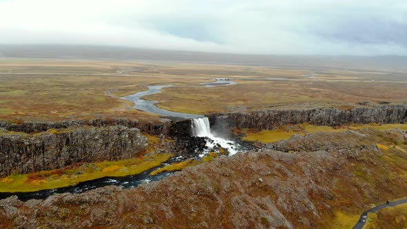 Aerial View Autumn Landscape in Iceland, Rocky Canyon with Waterfall, Thingvellir