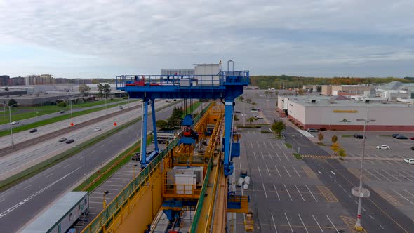 4K camera drone view of the construction site of the REM (Metropolitan Express Network) in Montreal.