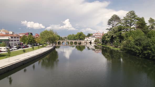 Trajano Bridge, downstream view of the Roman bridge of Chaves. Calm and relaxing promenade