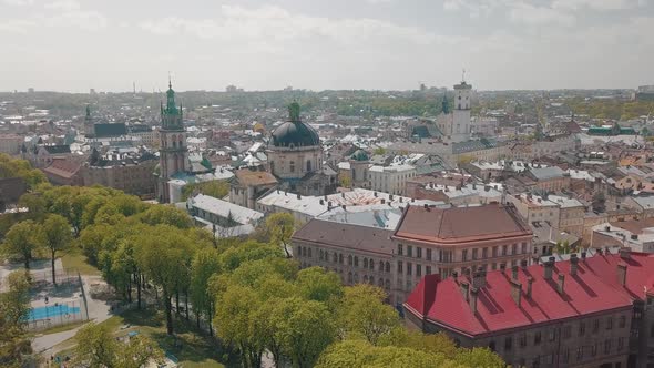 Lvov, Ukraine. Aerial City Lviv, Ukraine. Panorama of the Old Town. Dominican