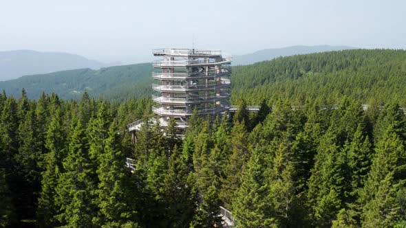 Famous Observation Tower Of Pohorje Treetop Walkway In Rogla, Slovenia. aerial