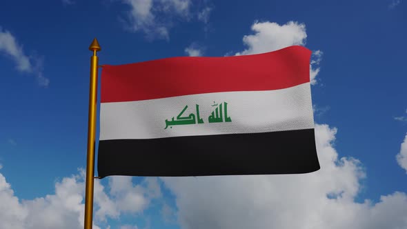 National flag of Iraq waving with flagpole and blue sky timelapse, Islamic