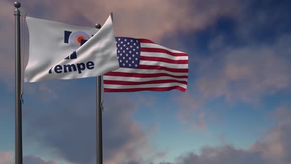 Tempe City Flag Waving Along With The National Flag Of The USA - 4K