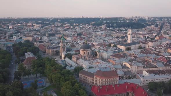 Aerial City Lviv, Ukraine. European City. Popular Areas of the City. Town Hall