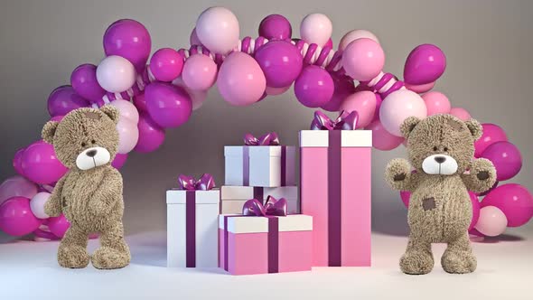 Teddy Bears Are Dancing Near To Gifts And Balloons