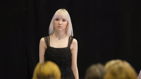 White Albino Hair Girl Moving on Runway Catwalk Podium