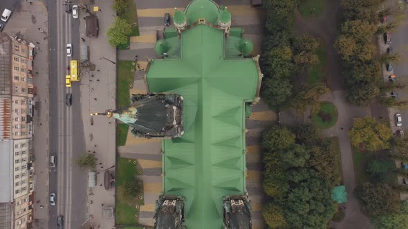 Aerial View of Historical Church of Saints Olga and Elizabeth Old Gothic Temple in Town Lviv Ukraine