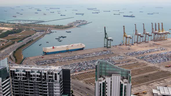 Port Singapore with Containers Terminals and Merchat Ships in the Bay Timelapse