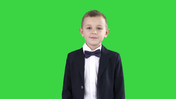 Boy in a Suit Greeting You Walks in and Out on a Green Screen, Chroma Key