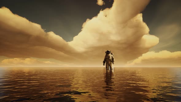 Spaceman in the Sea Under Clouds at Sunset alt