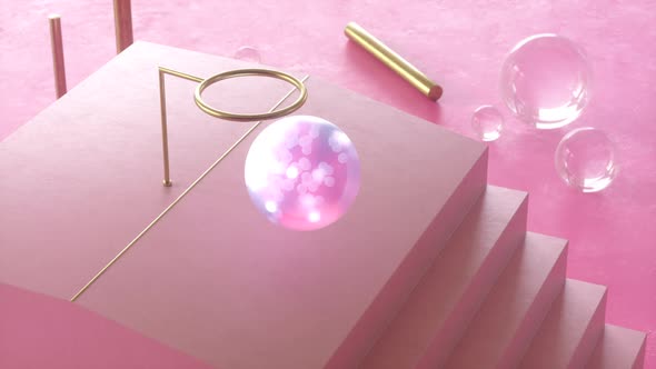 3D Liquid sphere falling through a golden ring on pink background, satisfying video