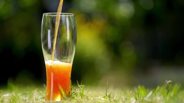 Pouring fresh beer into the glass outdoor. Dark Beer pours from the top into a glass close-up.