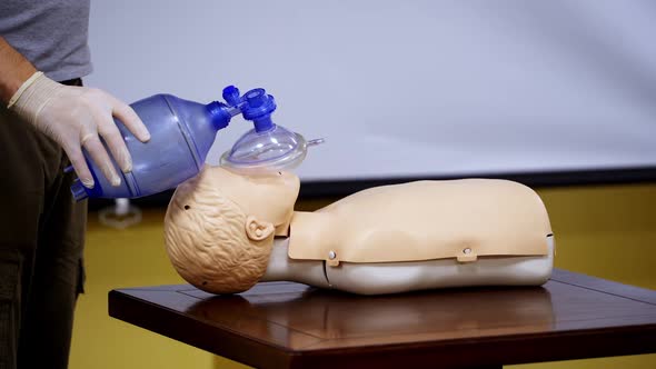 Medical simulation mannequin used for practicing techniques with oxygen mask.