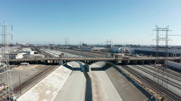 Cinematic aerial Los Angeles River on summer day.